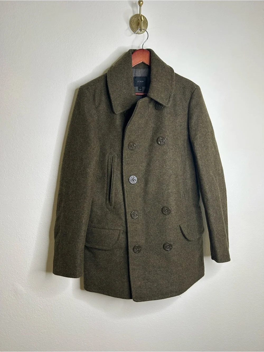 J. Crew 100% Wool Army Green Double Breasted Peacoat Size Small